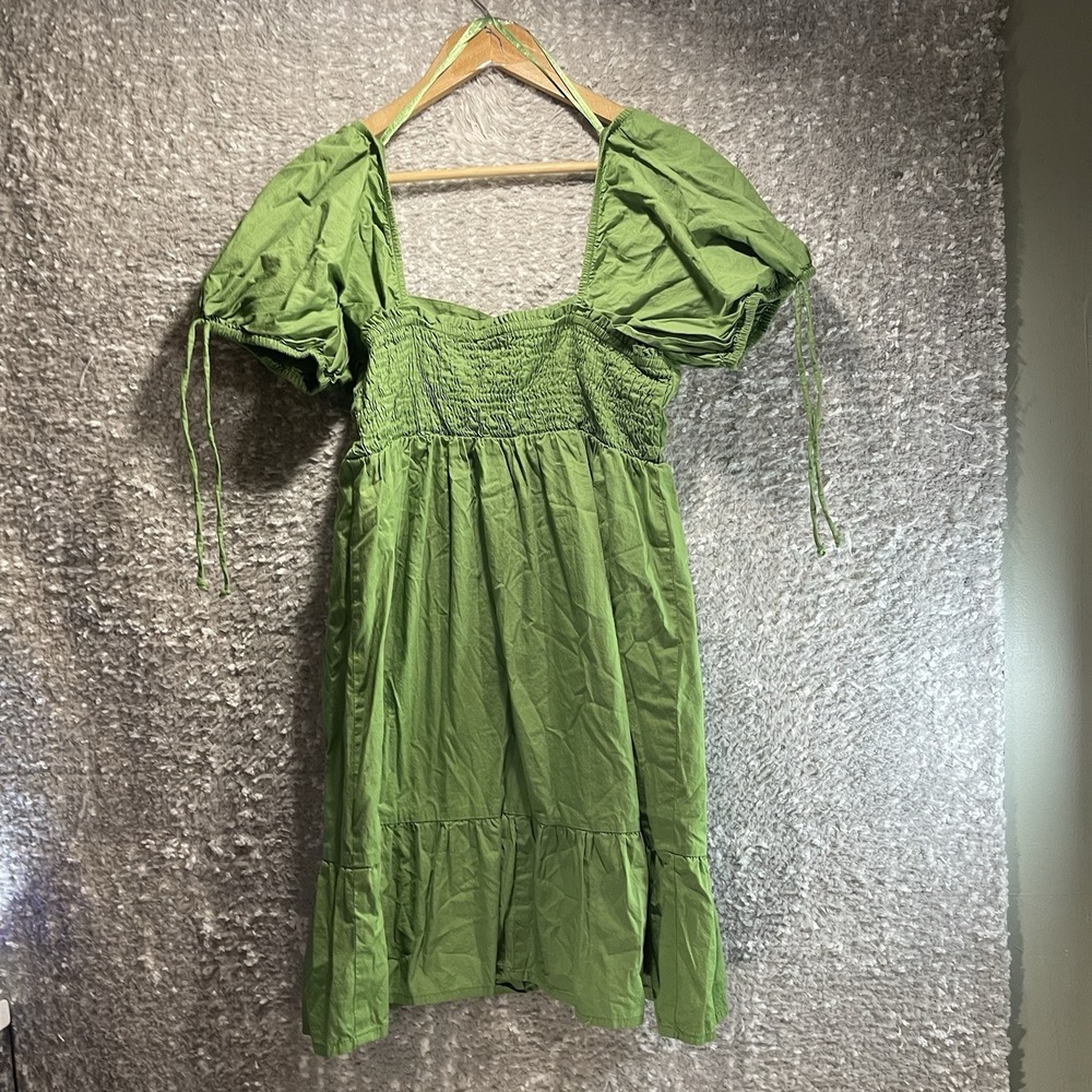 Sim & Sam Mini-Dress Tiered Smocked Fairy Babydoll Puff Sleeve XL Cotton Green - Picture 2 of 11
